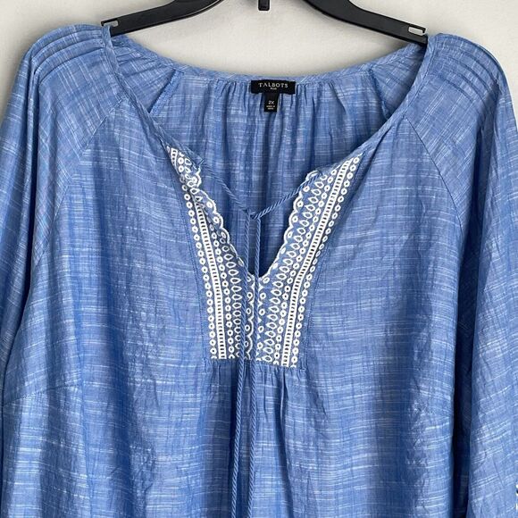 Talbots Tunic Embroidered Blouse Women's 2Xp Blue Cut Outs Tassels Boho India - Picture 2 of 15